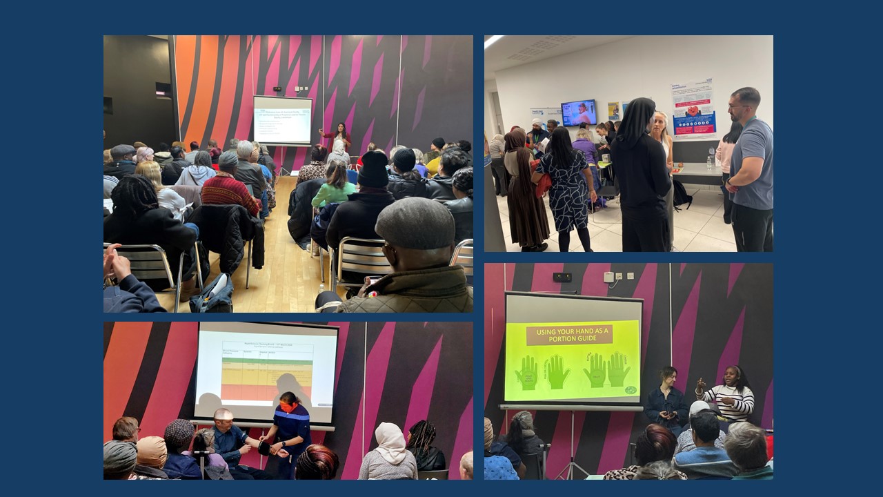 4 images of the Lewisham Hypertension Event. Top left image is of attendees facing a presentation board and a speaker talking to them. Top right image is of attendees chatting at the market stalls. Bottom left image is of someone getting their blood pressure taken. Bottom right image is a close up of presenters talking to attendees.