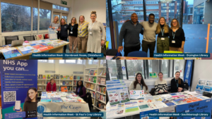 4 images of the Bromley PCN and One Bromley teams behind their stalls for Health Information Week. Photo 1 is taken at Hornbrook House in Chislehurst, photo 2 is taken at Orpington Library, photo 3 is taken at St Paul’s Cray Library and photo 4 is taken at Southborough Library.