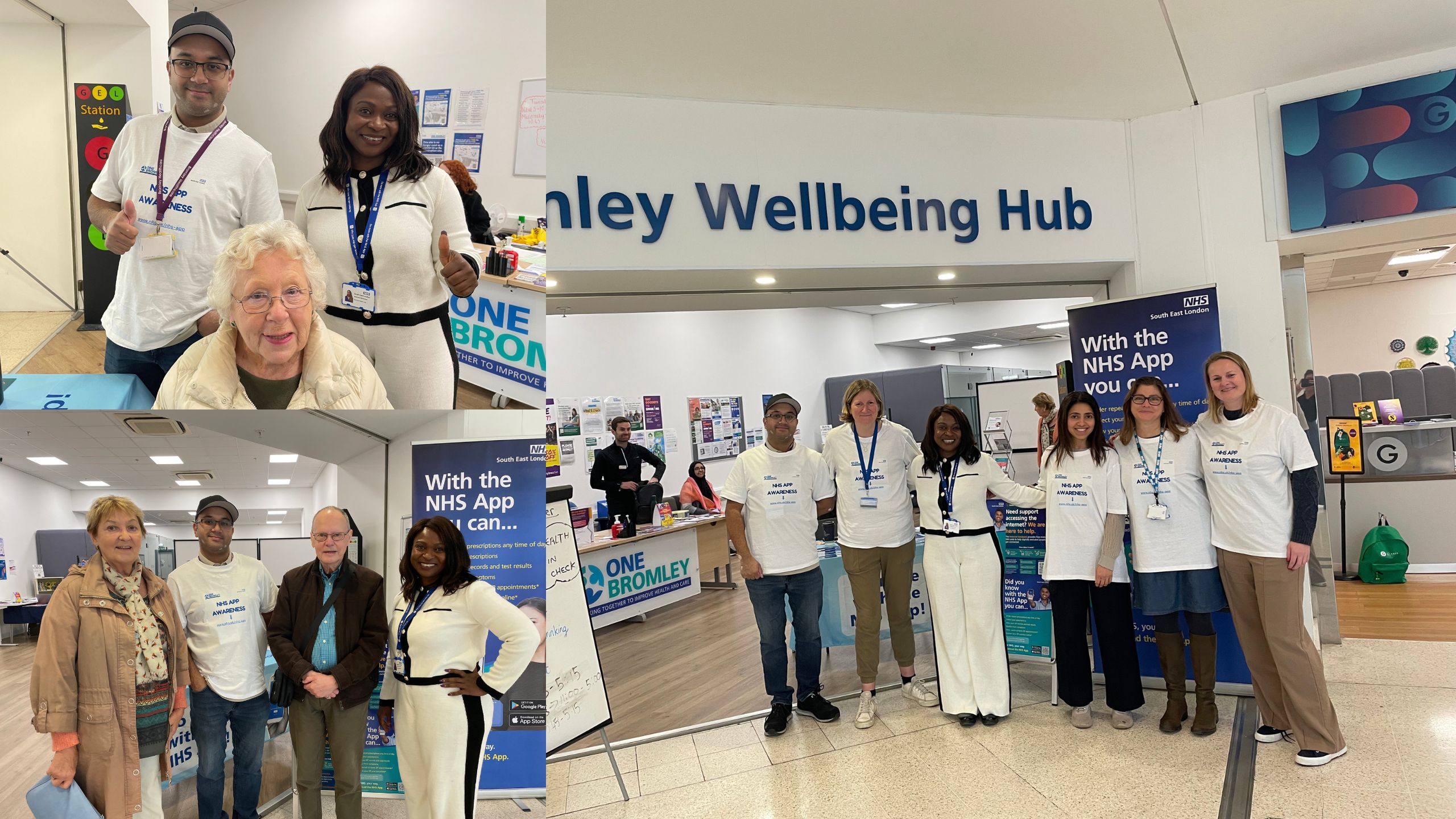 A collage of 3 photos of people at the NHS App Event in Bromley. Photos are of attendees and staff smiling at the One Bromley Wellbeing Hub.