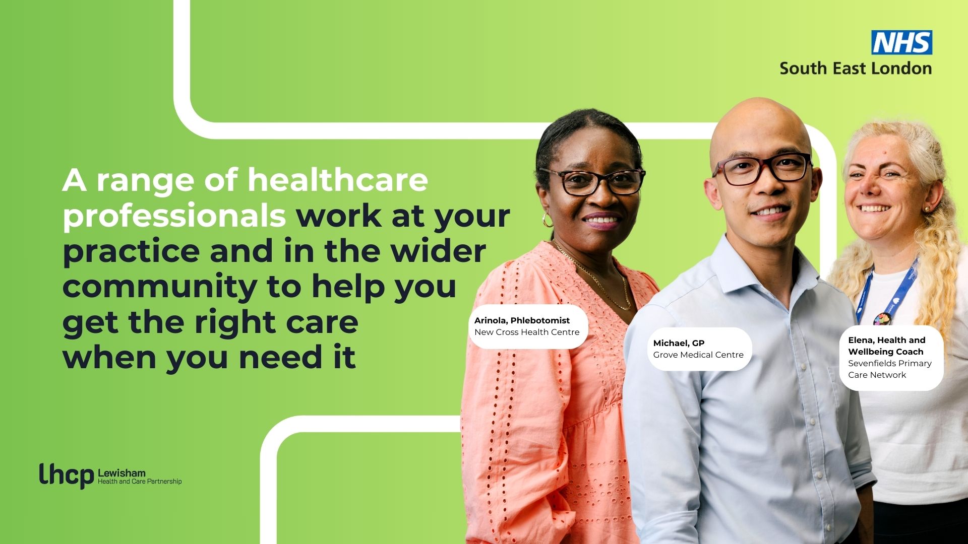 A range of healthcare professionals work at your practice and in the wider community to help you get the right care when you need it