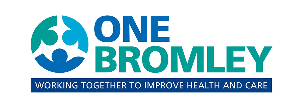 One Bromley logo, with an image of a circle made up by the heads and shoulders of three people, each in a different colour.