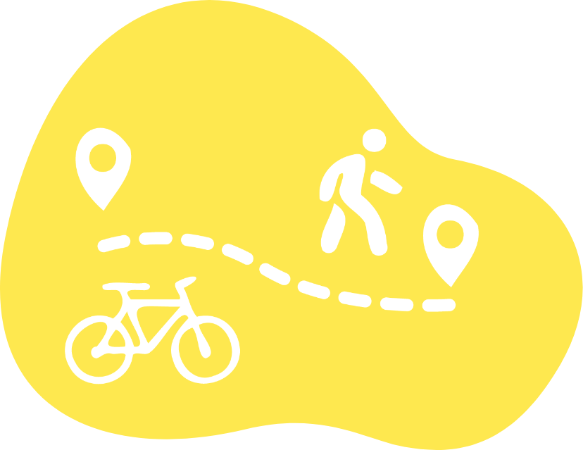 Illustration of a dotted line with two map pins at either end. A person is walking above the line (almost at the end of it) and below is a bicycle.