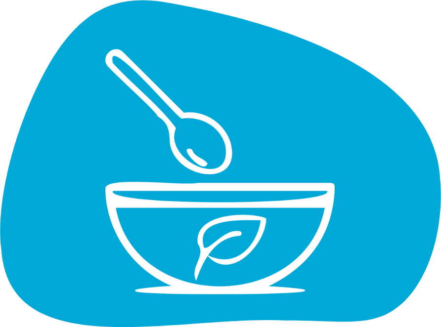Illustration of a spoon above a bowl that has a leaf drawn on it.