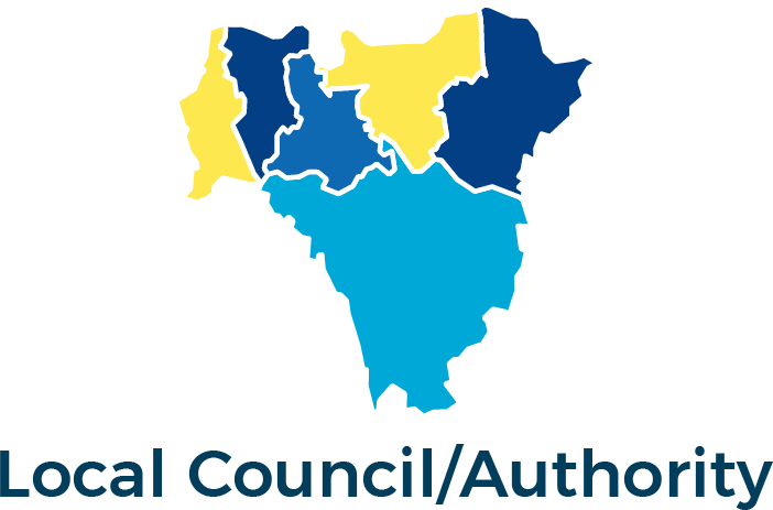 Illustration of the six boroughs in south east London (Bexley, Bromley, Greenwich, Lambeth, Lewisham and Southwark), each in a different colour. Below it, there is text that reads: Local Council/Authority.