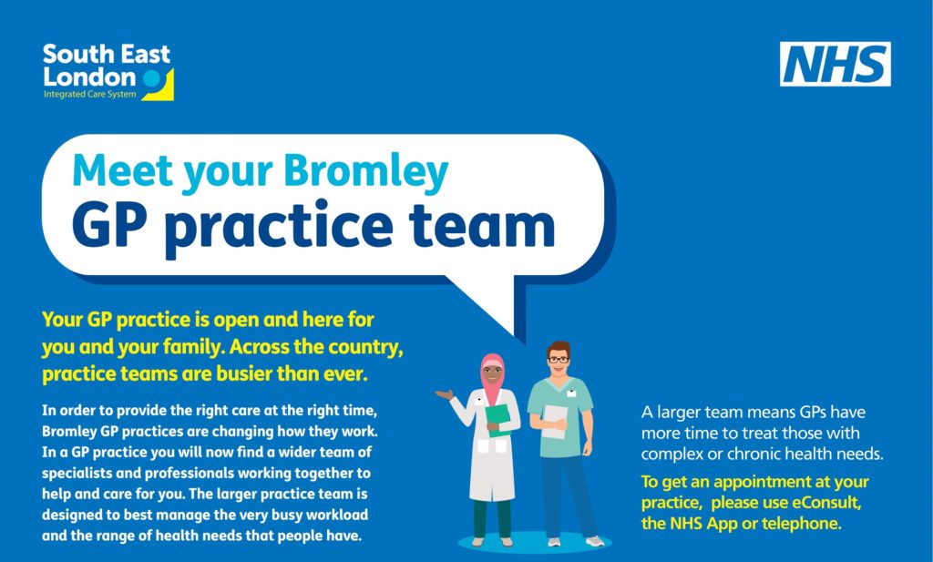 Meet your Bromley GP Practice team - a snapshot of the resources that can be downloaded at selondonics.org/bromleyprimarycare