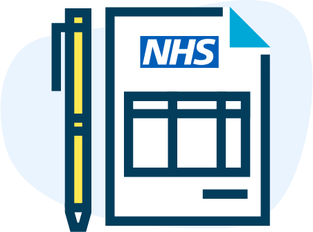 Illustration of a yellow pen and a piece of paper with the NHS logo on it.