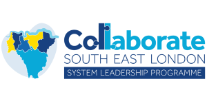 Illustration of the six south east London boroughs, in different colours. On the right, text reads: "Collaborate south east London, System Leadership Programme"