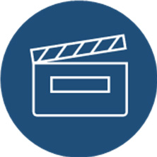 Icon of a film clapperboard on a dark blue background