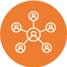 Icon of a network of five people around one person, on an orange background