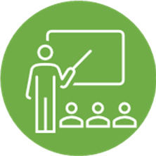 Icon of someone pointing at a chalkboard, with three people listening, on a green background