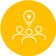 Icon of a lightbulb on top of three people, on a yellow background