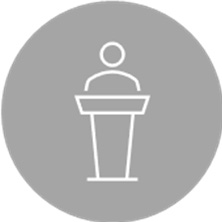 Icon of a person talking from a podium, on a grey background