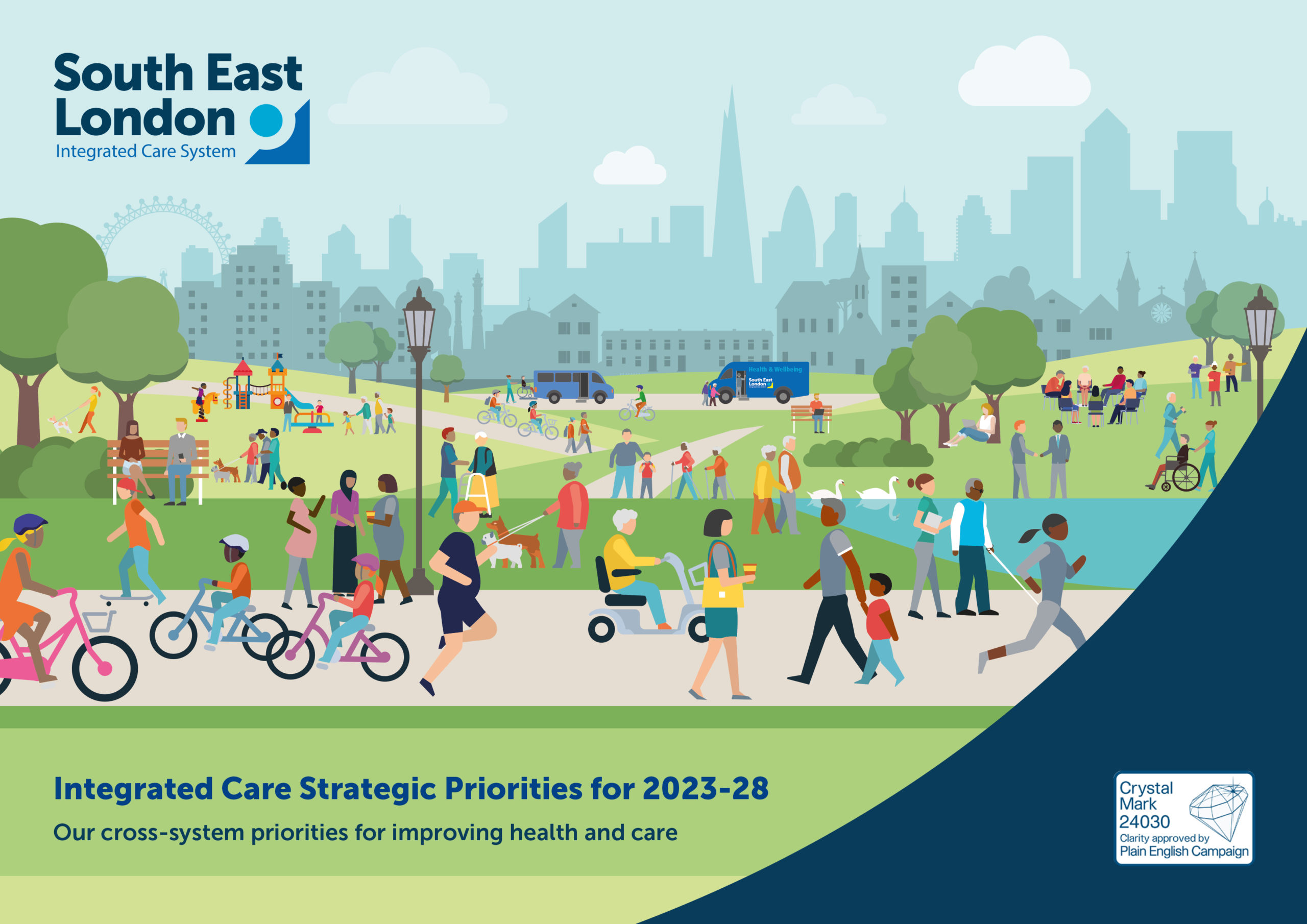 Cover of the SEL ICS strategic priorities, with an illustration of a park, with people walking around, and the skyline of London in the background