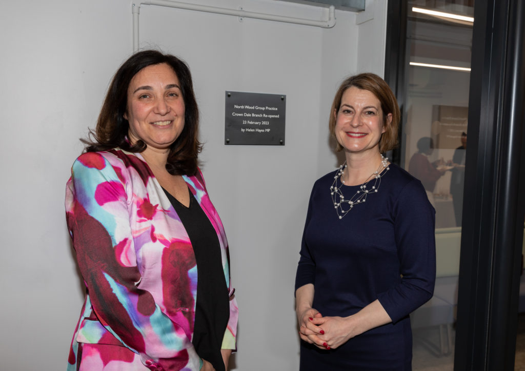partner GP Dr Nico Scaravilli with Helen Hayes MP at the official opening of the modernised and extended Crown Dale Medical centre in Norwood on 23 Feb 2023