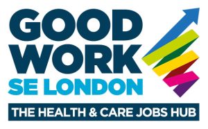 Health & Care Jobs Hub logo. Text reads: "Good work SE London - the health & care jobs hub". On the right, a colourful ribbon ends with an arrow.