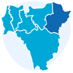 Icon representing a map of the six Boroughs of south east London, with five Boroughs in light blue and Bexley coloured in dark blue. Behind the map, a circle in lighter blue