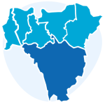 Icon representing a map of the six Boroughs of south east London, with five Boroughs in light blue and Bromley coloured in dark blue. Behind the map, a circle in lighter blue