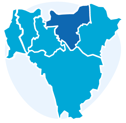 Icon representing a map of the six Boroughs of south east London, with five Boroughs in light blue and Greenwich coloured in dark blue. Behind the map, a circle in lighter blue
