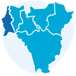 Icon representing a map of the six Boroughs of south east London, with five Boroughs in light blue and Lambeth coloured in dark blue. Behind the map, a circle in lighter blue