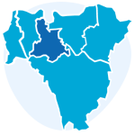 Icon representing a map of the six Boroughs of south east London, with five Boroughs in light blue and Lewisham coloured in dark blue. Behind the map, a circle in lighter blue