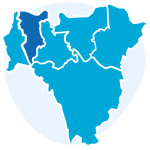 Icon representing a map of the six Boroughs of south east London, with five Boroughs in light blue and Southwark coloured in dark blue. Behind the map, a circle in lighter blue