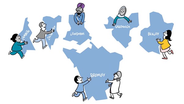 Cartoon illustration of six people of different ages, genders, ethnicities, and religions, each holding one of the boroughs of south east London.