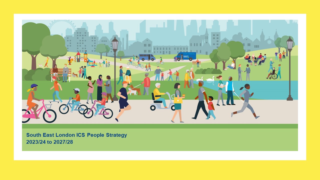 Illustration of some people running in a park. On the distance, the London skyline. Text reads: "South East London ICS People Strategy 2023/24 to 2027/28"