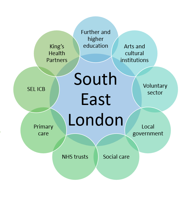 South East London: Further and higher education; Arts and cultural institutions; Voluntary sector; Local government; social care; NHS trusts; Primary care; SEL ICB; King's Health Partners