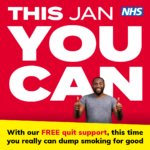 Photo of a man with both thumbs up with a red and yellow background with the following text: This JAN YOU CAN. With our FREE quit support you really can dump smoking for good