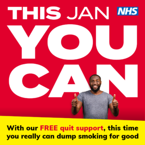 Photo of a man with both thumbs up with a red and yellow background with the following text: This JAN YOU CAN. With our FREE quit support you really can dump smoking for good