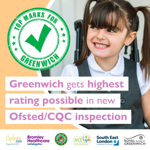 Photo of a child smiling with the text Top marks for Greenwich. Greenwich gets highest rating possible in new Ofsted/CQC inspection