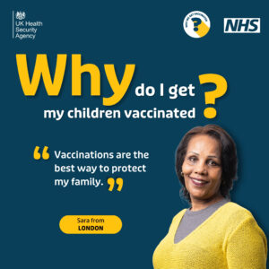 Social media graphic showing a woman with a headline 'Why do I get vaccination' alongside a quote: 'Vaccinations are the best way to protect my family'