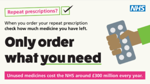 Text graphic that says: Repeat prescriptions? When you reorder your repeat prescription check how much medicine you have left. Only order what you need.  Unused medicines cost the NHS around £300 million every year.