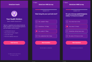 This is a screenshot of the Sistacare app showing a four question survey which asks things like 'How long do your periods last?'
