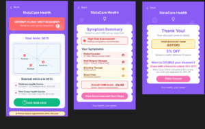 This is a screenshot of the Sistacare app showing examples of the clinic map, symptom summary and discount code for sanitary products.