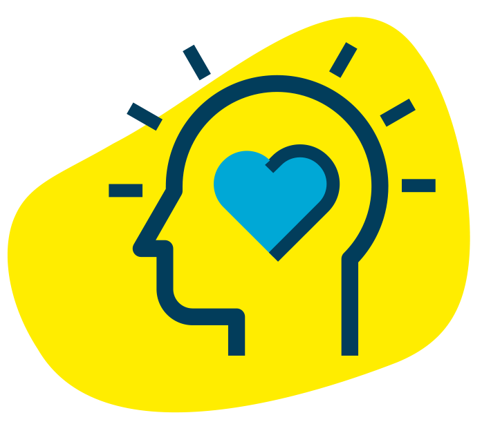 Icon of a head with a blue heart inside, with a yellow background.
