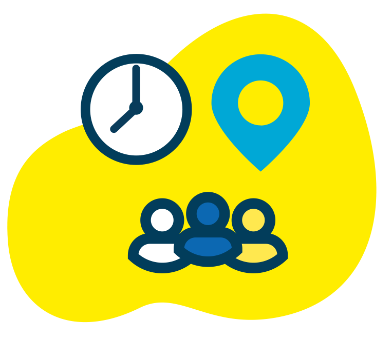 Icon of three people with a clock and a pin map on top of them, on a yellow background.