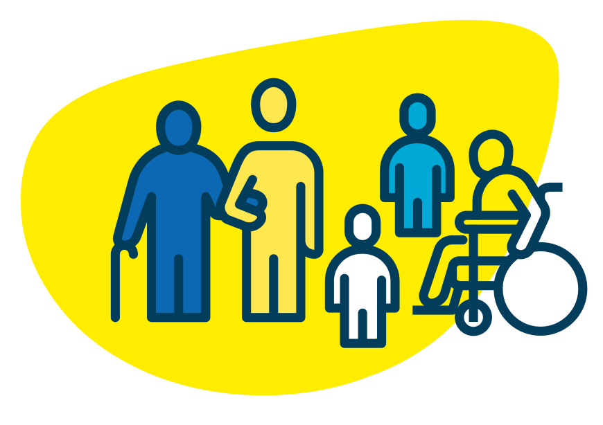 Icon of a couple standing - with one helping the other who has a walking cane, a child, a person in the background and a person in wheelchair.