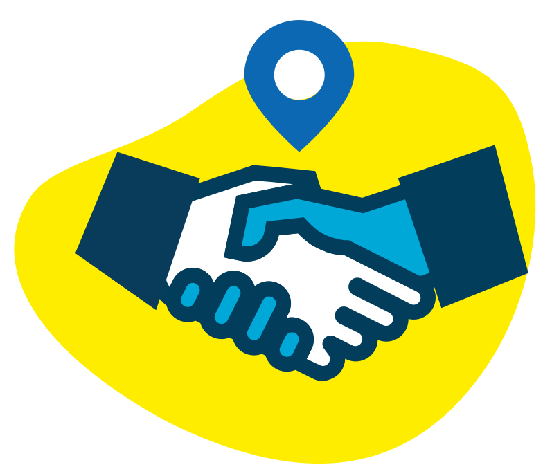 Illustration of two hands shaking on a yellow background, with a map pin on top.
