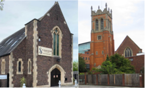 Two images of red brick churches.