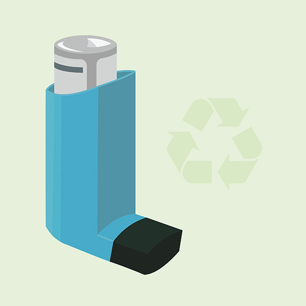 Illustration of an inhaler, with a recycling symbol near to it