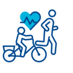 Illustration of a person running alongside another person cycling, with a blue heart between them.